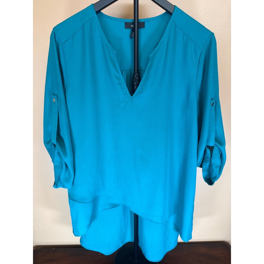 Alfani‎ Teal Blue Roll Tab Sleeve V-Neck Blouse High Low Hem Top Womens Size 14